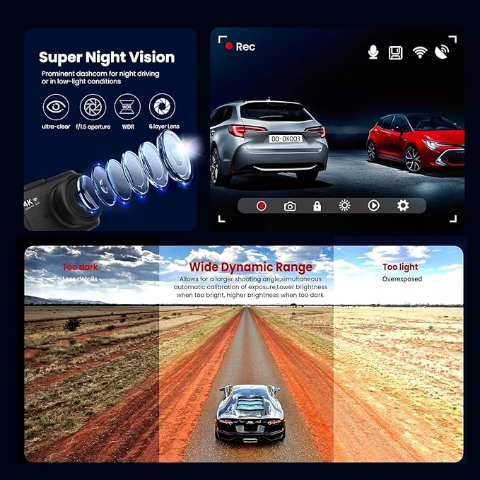 Dash Cam Front and Rear, 4K HD Dash Cam for Cars Built-in WiFi, Car Camera with Night Vision, 64GB Card, 170°Wide Angle, WDR, 3" IPS Screen, Loop Recording, G-Sensor, 24 H P Monitor (K9)