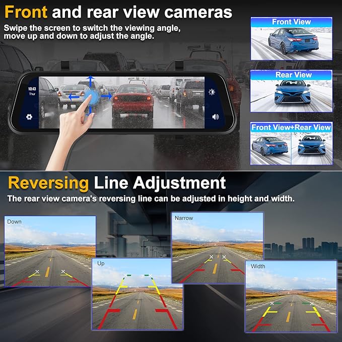 Mirror Dash Cam Front and Rear Camera with Apple Carplay/Android Auto 9.66 inch Mirror Backup Camera for Cars&Trucks Driving Recorder Voice Control 24-Hour Parking Monitoring Waterproof Night Vision