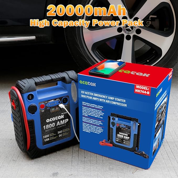 1800A Car Jump Starter with Air Compressor, 20000mAh 12V Battery Pack Booster (6.0L Gas/Diesel), 260 PSI Tire Pump, Multi-Function Jump Box with USB Charge & LED Flashlight