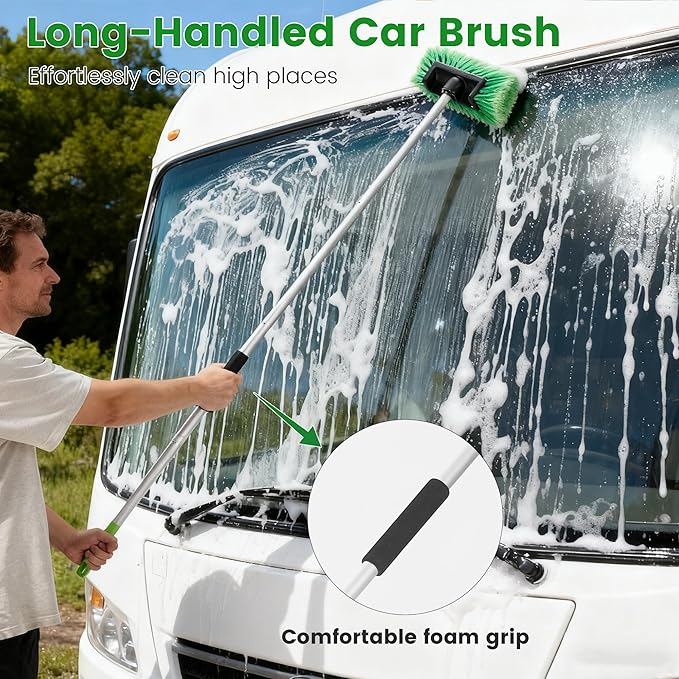 Car Wash Brush with Long Handle, 60'' Soft Bristle Cleaning Brush, Car Cleaning Brushes, Carwash Brushes for SUV, RV, Boat, Truck, House Siding, Sweep Snow, Green
