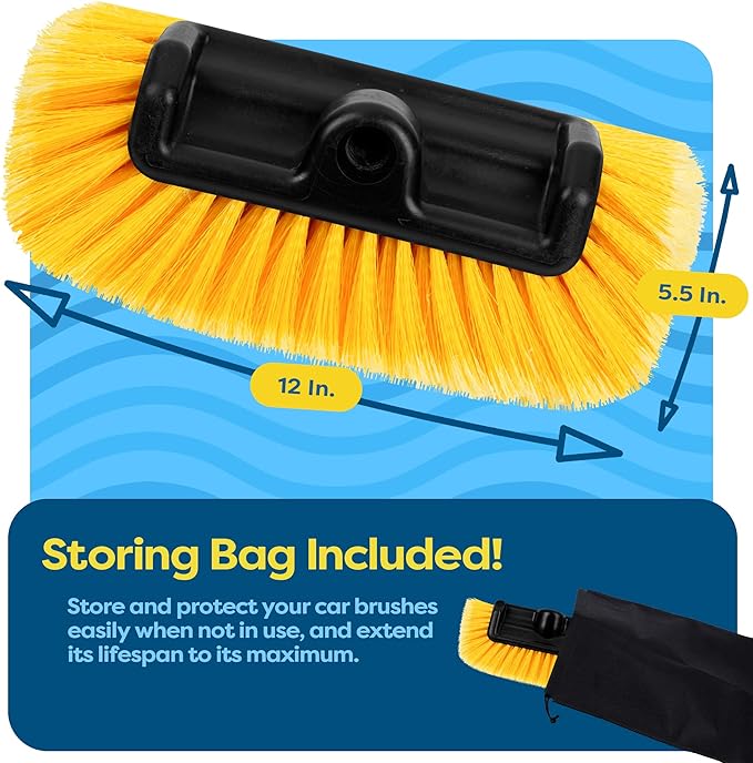 SCRUBIT 12" Car Wash Brush with Soft Bristles for Car, Truck, Boat Deck & House Cleaning, Exterior Washing Brush Connects with Pole & Hose, Storage Bag Included (Yellow)