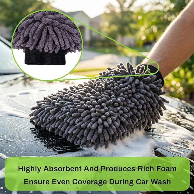 4Pack Large Microfiber Car Wash Mitts, Ultra Absorbent & Lint-Free Wash Mitts for Car Washing, SUVs, Motorcycles & Household Cleaning - Car Wash Accessories Kit, Green