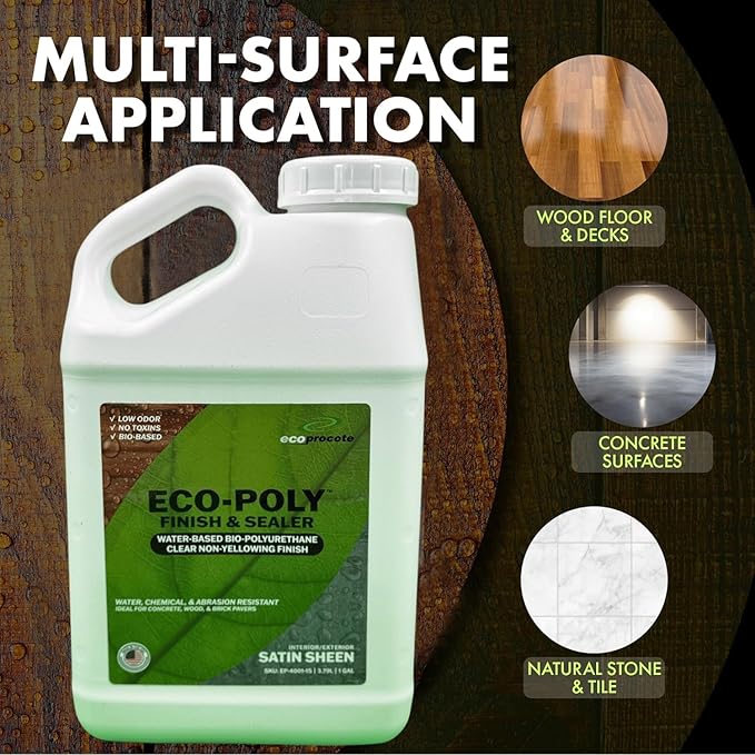 Eco-Poly Polyurethane Sealer — Non-Toxic, Low Odor, Quick-Dry Water Based Protective Spar Varnish for Indoor & Outdoor, Satin 1 Gallon Polyurethane Sealant for Wood, Concrete, Multiple Surfaces