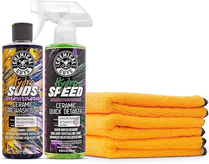 Chemical Guys HydroSuds Ceramic SiO2 Shine High Foaming Car Wash Soap, 16 fl oz, Berry Scent + HydroSpeed Ceramic Quick Detailer, 2-16 Fl Oz Chemicals + Microfiber Towels, (3-Pack of Gold 16" x 16")
