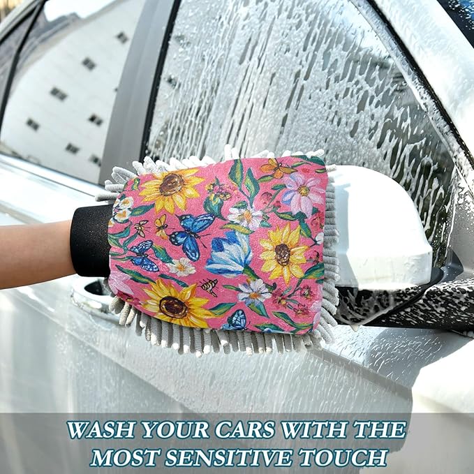 Oil Painting with Pink Flowers Car Wash Mitt Scratch Free Wash Mitts For Cars Washing Car Wash Drying