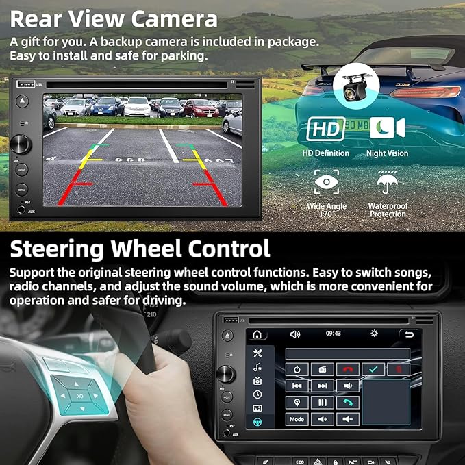 Double Din Car Stereo with CD/DVD Player Apple Carplay & Android Auto, 6.2Inch Car Radio with Bluetooth and Backup Camera, Touch Screen, Mirror Link, Steering Wheel Control, USB/TF/AUX Input, AM/FM
