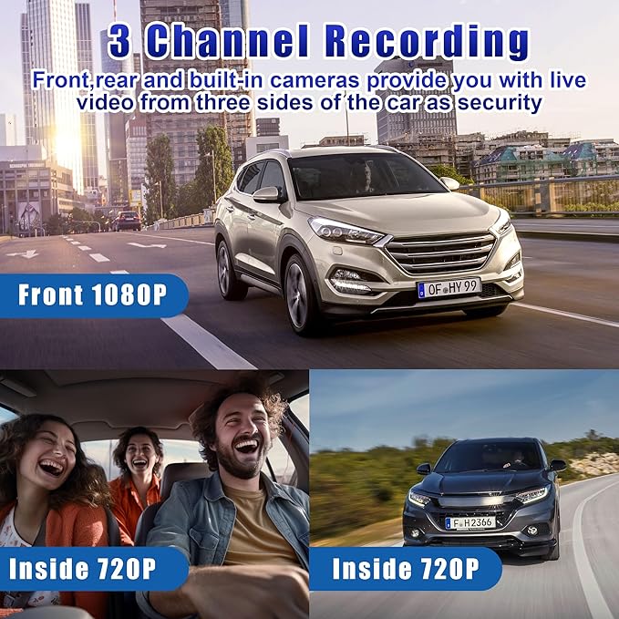 3 Channel Dash Cam Front and Rear Inside with 64GB Card, WIZACE1080P Dash Camera for Cars, Dashcam Three Way Triple Car Camera with IR Night Vision, Loop Recording, G-Sensor, HDR, 24 Hours Recording