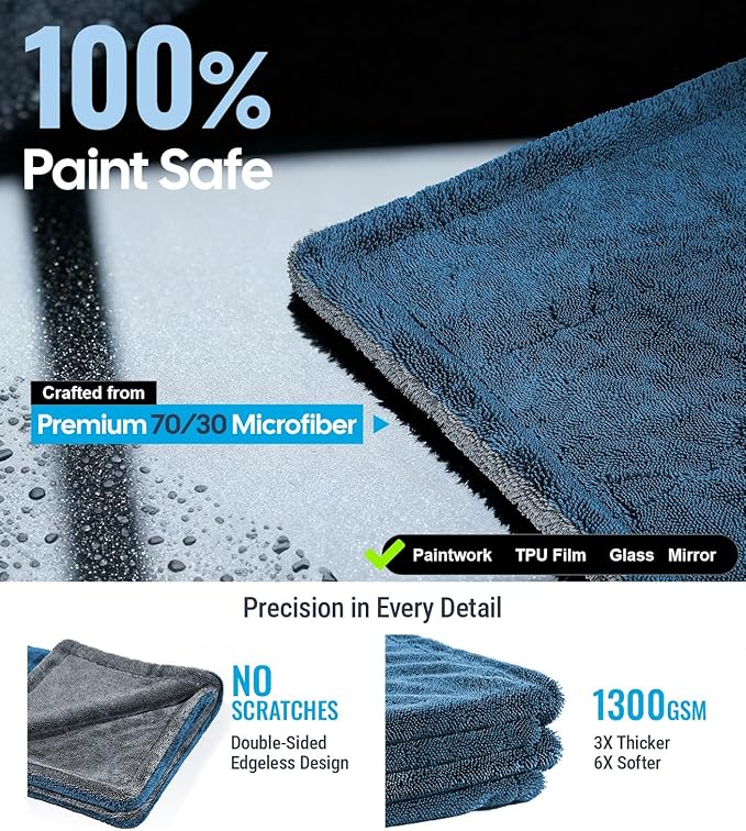 Wigoo Premium Microfiber Car Drying Towel 1300GSM, 2-Size Set[36"×24"+16"×16" Ultra-Absorbent, No Streaks & Scratches] Dual-Sided Edgeless Wash Towels with Twisted Loop, for Cars Detailing, SUV, Truck
