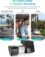 Dash Cam Front and Rear, 4K/2.5k Full HD 3 Channel Dash Camera for Car, Included 32G Card Dashcam, Built-in WiFi GPS, App Control, 3.18’ IPS Screen, Night Vision, Wide Angle, WDR, 24H Parking Mode