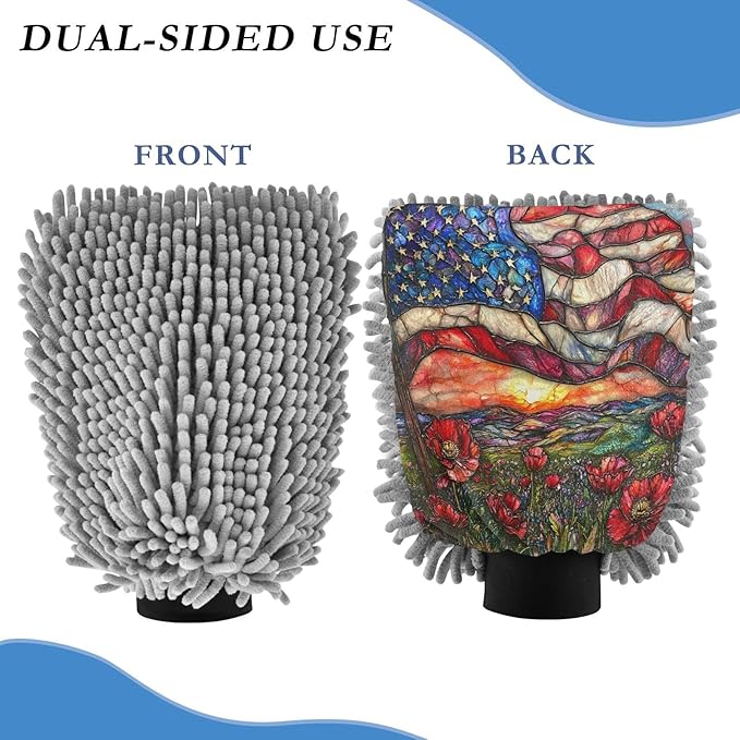 YETTASBIN American Flag 2PCS Car Wash Mitts, Ultra Absorbent Chenille Microfiber Car Washing Gloves, Scratch-Free Lint-Free Auto Cleaning Mitt, Machine Washable Elastic Cuff Car Wash Sponge