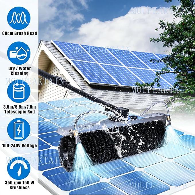 Electric Solar Panel Cleaning Brush with Pole - 350rpm Motor, 23.6" Brush Head, Dry/Wet Cleaning Modes - Water Fed Pole System for Solar Panels, Fleet Vehicles & Exterior Walls 7.5m
