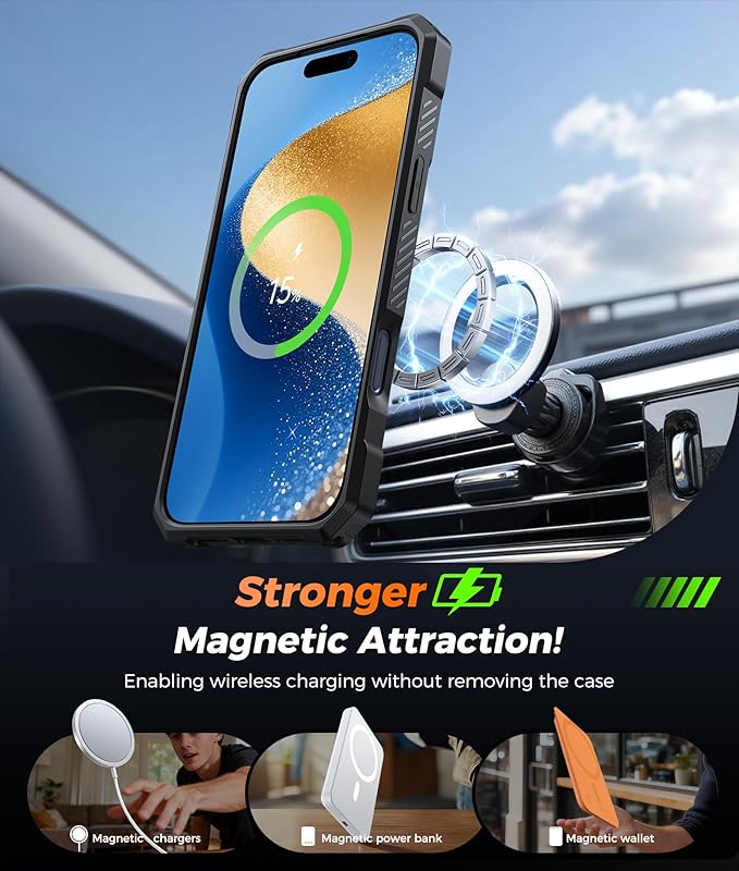 FNTCASE for iPhone 17 Pro Case: [360 Spin Magnetic Ring Kickstand] [Compatible for MagSafe] [Screen Protector] Heavy Duty Military Grade Protection Protective Phone Case with Stand Translucent Black