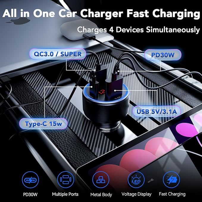 Car Charger USB C Fast Charge, 4 Port 78W Metal Car Phone Charger with Voltmeter, 2 USB-C & 2 USB-A 12V-24V Cigarette Lighter USB Charger Adapter for iPhone 17 16 15 Pro Max, Galaxy S26 S25, iPad