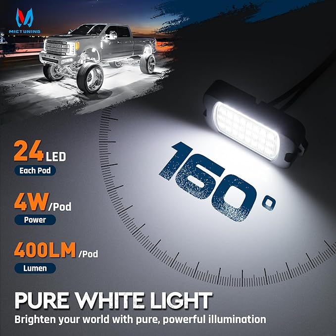 MICTUNING Q1 Max White Rock Lights, 4 Pods Super Bright Pure Underglow Light Kit, IP68 Waterproof for Truck Car ATV UTV Golf Cart (2 Year Warranty)