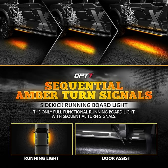 OPT7 Sidekick 86" Running Board Lights 2PCS LED Strips w/Sequential Amber Turn Signal Side Marker, DRL, White Courtesy Light for Extended Crew Cab Pickup - Truck Decorations