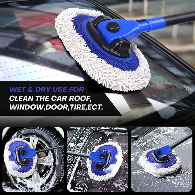 Ultimate Car Wash Brush with Long Handle | 15-Degree Curved Pole Design | Microfiber Brush Head | Adjustable Length | Wide Applications for Car, RV, Truck, Pickup | Car Wash Kit (Blue-Extended)