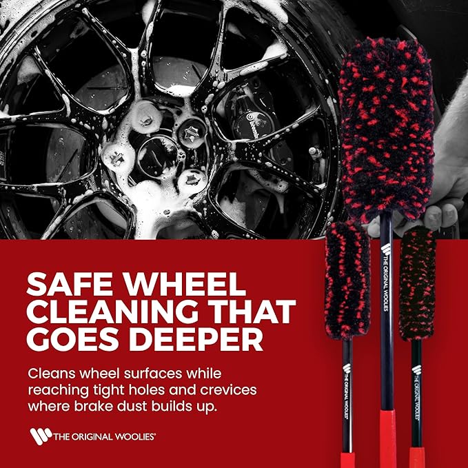 Wheel Woolies Car Detailing Brush Set - 3pc Car Wheel Brush Kit (18”, 12”, 12”) for Rims, Barrel, Spokes & Brake Dust | Soft No Scratch Rim Brush with Long Handle & Anti-Slip Grip | Made in USA