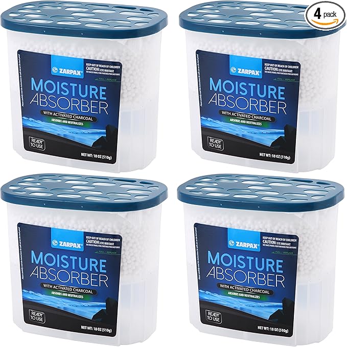 ZARPAX Moisture Absorber Activated Charcoal 18 oz/510g | Removes Moisture, Damp, Humidity & Odors | Odor Absorber | Moisture Trap for Bathroom, Closet, Kitchen & Small Spaces | Set of 4
