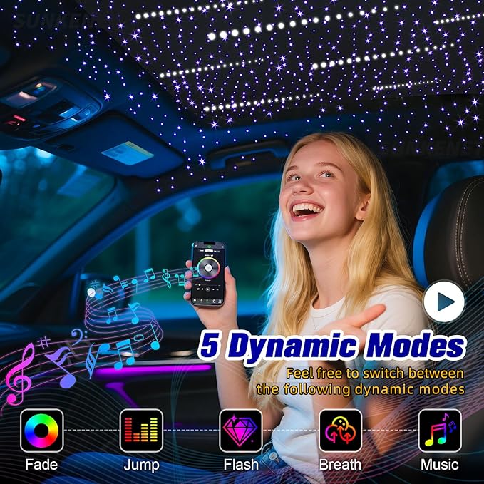 Meteor 6W Mini Size Twinkle Starlight Headliner Kit with Shooting Star, 650pcs*0.03in*9.8ft Fiber Optic Lights, Bluetooth APP/Remote Control/Music Effect, RGBW Starlight for Car Roof Ceiling