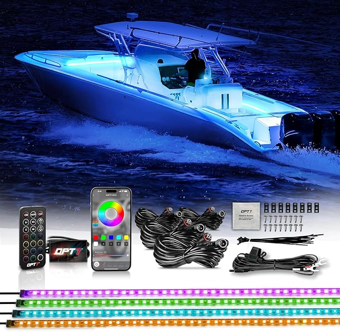 OPT7 Aura Marine Boat Lights LED with App & Remote Control, 4PCS Waterproof Light Strip, RGB Multi Color & Music Sync Interior Deck Lighting Kit for Night Fishing Pontoon Bass Sailboat Yacht Kayak 12V