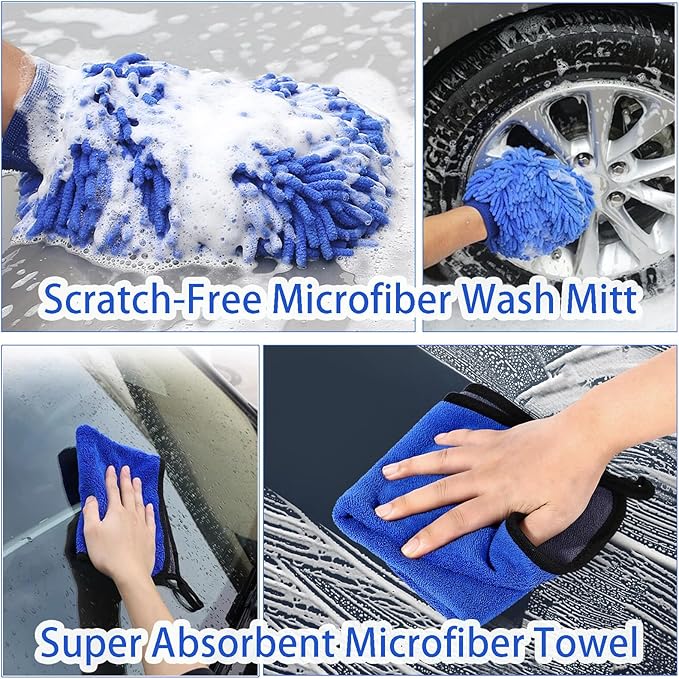 Wontolf 62'' Car Wash Brush with Long Handle, Scratch-Free Soft Bristles Sturdy Car Wash Mop Kit, Complete Car Cleaning Brush Kit Wash Mitt Towel Windshield Squeegee Wheel Tire Brush for Car Truck RV
