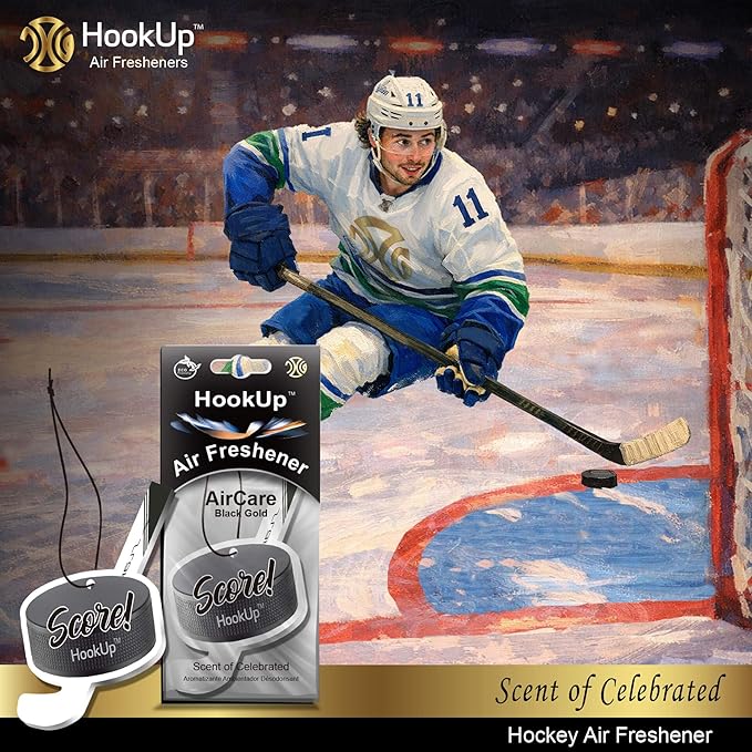 Hockey Car Air Freshener by HookUp - 10 Pack - Black Gold Scent (Extra Strong) | Unique Hockey Gift for Players, Coach, Fans | Hanging Car Accessory with Long Lasting Fresheners Smell