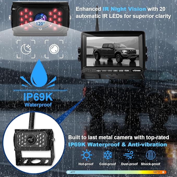 Wireless Backup Camera for Trucks, RV Backup Camera Wireless with 7" HD Monitor, 4 Channels Split Screen, BSD Alert, 984ft Signal Range, IP69K Waterproof IR Night Vision Wide Angle, DIY Guide Lines