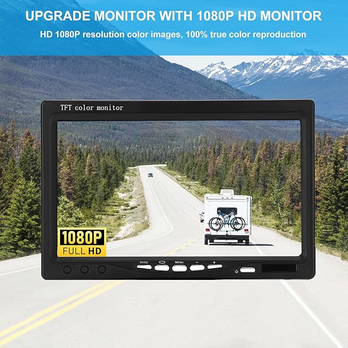 Kairiyard Truck RV Backup Camera with 7 Inch Monitor, AHD 1080P DIY Guide Lines No Delays Waterproof Wired Reverse Rear View Camera System for Car Trailer Camper