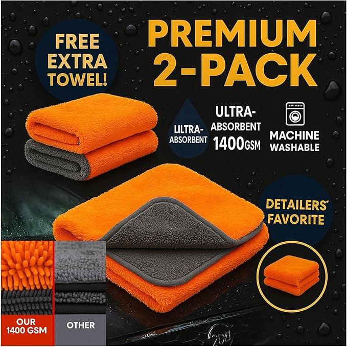 Microfiber Car Towel 16"x16" – 1400 GSM Twisted Yarn, Ultra Absorbent, Scratch-Free, Machine Washable – Bonus 12"x12" 600 GSM Detail Towel for Him/Her(Orange/Gray)