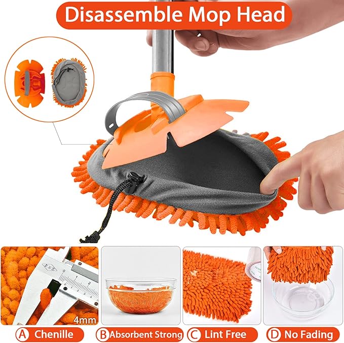WillingHeart 63" Car Wash Mop Brush Tool Mitt with Long Handle Length More Suitable for Washing American Cars Truck, SUV, RV, Trailer, 2 in 1 Chenille Microfiber Duster Not Hurt Paint Scratch Free