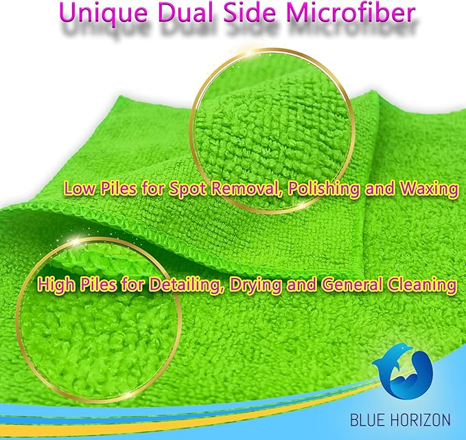 Blue Horizon Microfiber Cleaning Towels, Pack of 24, Ultra Soft Plush Washcloth, All Purpose Premium Microfiber Detailing Cleaning Cloths Reusable Shop Towels (16" x 16", Green)