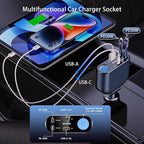 OHLPRO Retractable Car Charger Cigarette Lighter Adapter, 168W 5 in 1 Fast Phone Charging Built-in Replaceable Fuse, Socket Splitter with USB C and USB i Cord, Fit for Phone iPad Galaxy GPS, Blue