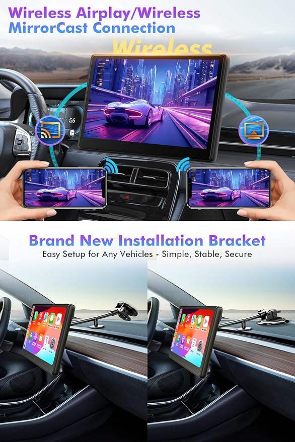 10" Touch Screen for Car, Used for Wireless Apple Carplay Android Auto MirrorLink, Portable Car Stereo with Bluetooth 2K Front Dashcam, 1080P Rear Dashcam Backup Camera