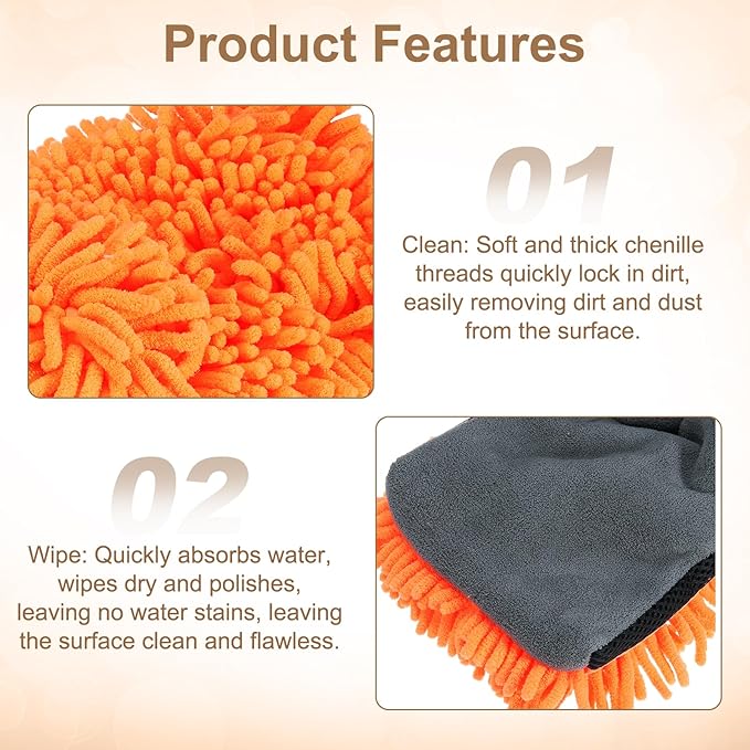 HARFINGTON Chenille Microfiber Car Wash Mitts 9.8" x 7.9" Scratch Free Wash Gloves Absorbent Double Sided Plush Cleaning Drying Mitts for Car Washing Home Clean, Orange