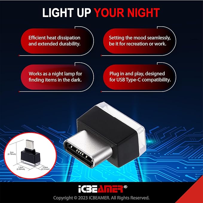 ICBEAMER Type C Adapters Atmosphere Light 1-Pack (White) | Universal Plug-in Miniature LED Night Light for Car Interior and Trunk Ambient Illumination