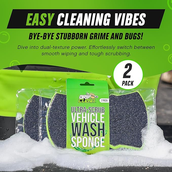 Grip Clean Dual Texture Car Wash Sponge - Multi Purpose Bug Remover Scrubbing Side Soft Sea Sponge - Ultra Scrub Car Cleaning Sponges Wash Bucket Accessory - 2 Pack