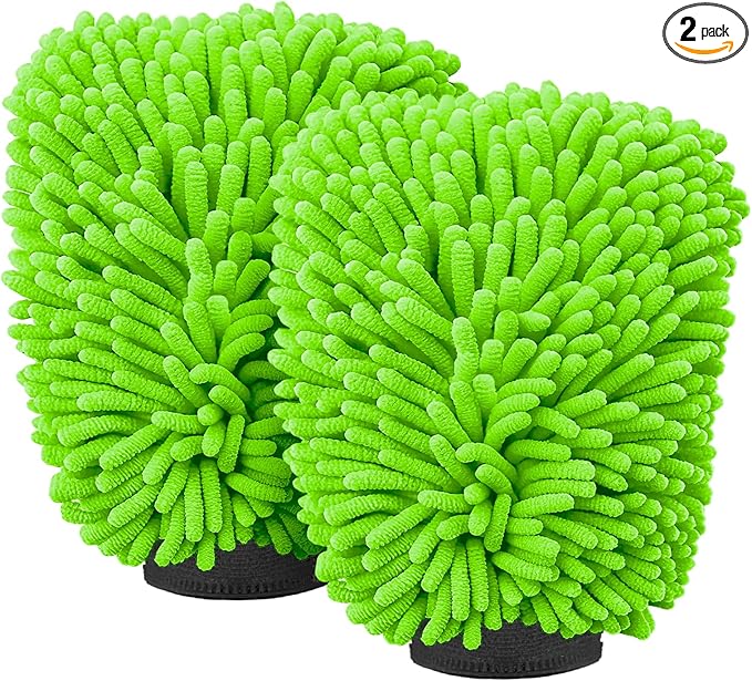 Car Wash Mitt Microfiber, Premium Chenille Microfiber Wash Car Mitts Sponge Scratch Free & Lint-Free, Mitts Waterproof Lining 2 Pack Green (8''X12'')
