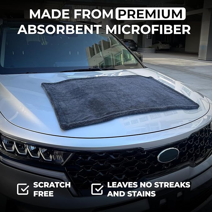 Large Car Drying Towel, 1300 GSM Professional Car Towel with Double Twisted Loop,Super Absorbent Large Microfiber Drying Towels for Cars, Trucks, SUVs - 20"x26", Gray