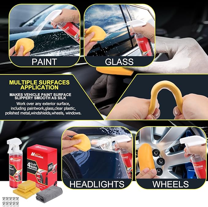 Car Clay Bars Auto Detailing and Clay Synthetic Lubricant Kit with 4 PCS Clay Bars, Clay bar Lubricant Tablets 10 Pack, Spray Bottle and Microfiber Towel for Car Detailing Cleaning