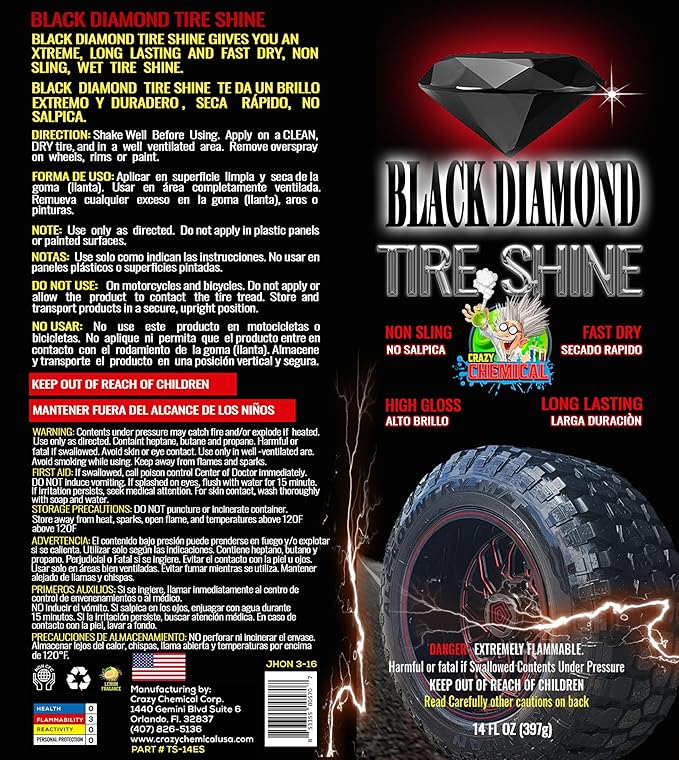 Black Diamond Tire Shine – Extreme Wet Look High Gloss, Long Lasting Protection, UV Resistant, Fast Dry & No Sling Formula, 14 fl oz Spray (Pack of 1)