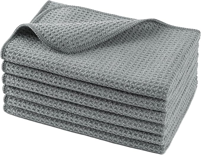 POLYTE Microfiber Drying Towel (16x16, 6 Pack, Waffle, Gray)
