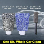 Pro Car Wash Mitt & Brush Kit: 2 Ultra Plush Chenille Mitts & Wheel Brush | Holds 10oz Water, Scratch-Free, Machine Washable | Includes Storage Bag