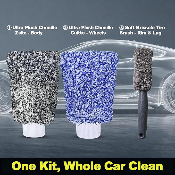 Pro Car Wash Mitt & Brush Kit: 2 Ultra Plush Chenille Mitts & Wheel Brush | Holds 10oz Water, Scratch-Free, Machine Washable | Includes Storage Bag