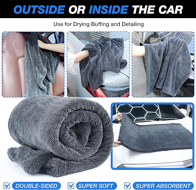 24" x 36" Car Drying Towel, Extra Large Double Twisted Loop Microfiber Towel, 1500 GSM, Ultra Absorbent Detailing Cleaning Cloth for Cars Trucks SUVs, Grey 1 Pack