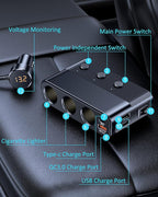 LIHAN 7-1 Cigarette Lighter Splitter,12V/24V Car Charger Adapter with 3 Socket Expander,PD30W Type-C,QC3.0 & Dual USB Ports,Independent Switches,Voltage Display,3.3FT Extension Cord fit Truck RV SUV