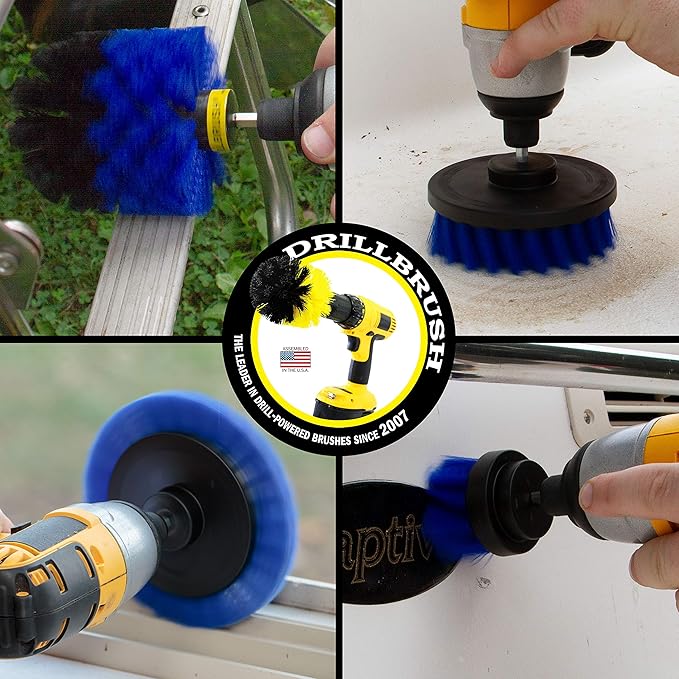 Drillbrush Blue – Boat Cleaning Drill Brush Attachment Set – Aluminum - Wood - Personal Watercraft Detailing - Fiberglass Hull Cleaning Kit - Kayak Accessories - Deck Brush