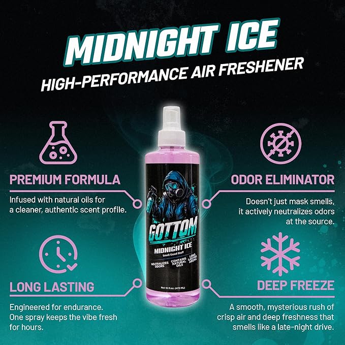 Gottom Air Freshener Spray - Long Lasting Odor Eliminator - 16 oz (Midnight Ice) - Car Scent, Auto Odor Remover, Fresh Fragrance, Air Freshener for Trucks, SUVs, RVs & more