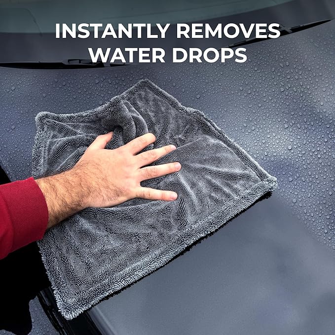 2X Medium Car Drying Towel, 1300 GSM Professional Car Towel with Double Twisted Loop,Super Absorbent Large Microfiber Drying Towels for Cars, Trucks, SUVs - 16"x16" 2-Pack, Gray