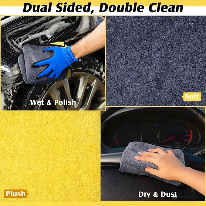Ultrasoft, Large, Thick and Quick Drying Car Microfiber Cleaning Towel 800GSM Polishing Waxing Auto Detailing Towel Cloth (6pack) (Grey-Yellow)