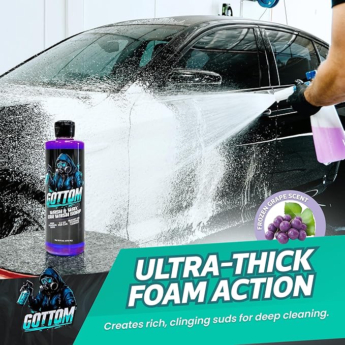 Gottom Car Wash Soap & Wax, (128 oz), Frozen Grape Scent - Ultra Foaming Car Shampoo for Foam Cannon & Bucket Wash, Carnauba Wax Formula for a Glossy Finish, High Suds & Safe for Paint